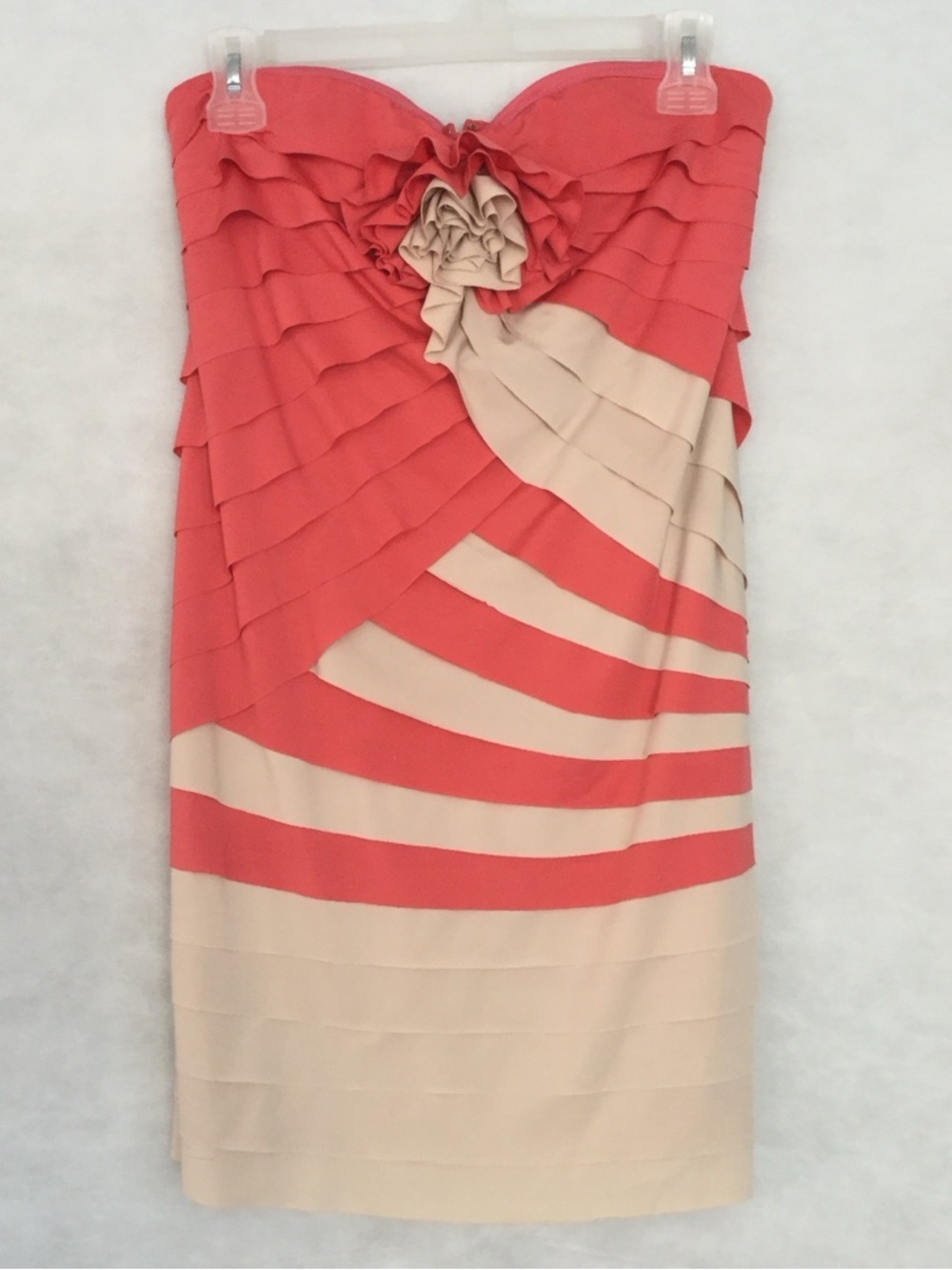 Ark & Co Coral and Cream Strapless Ruffled Bandage Dress